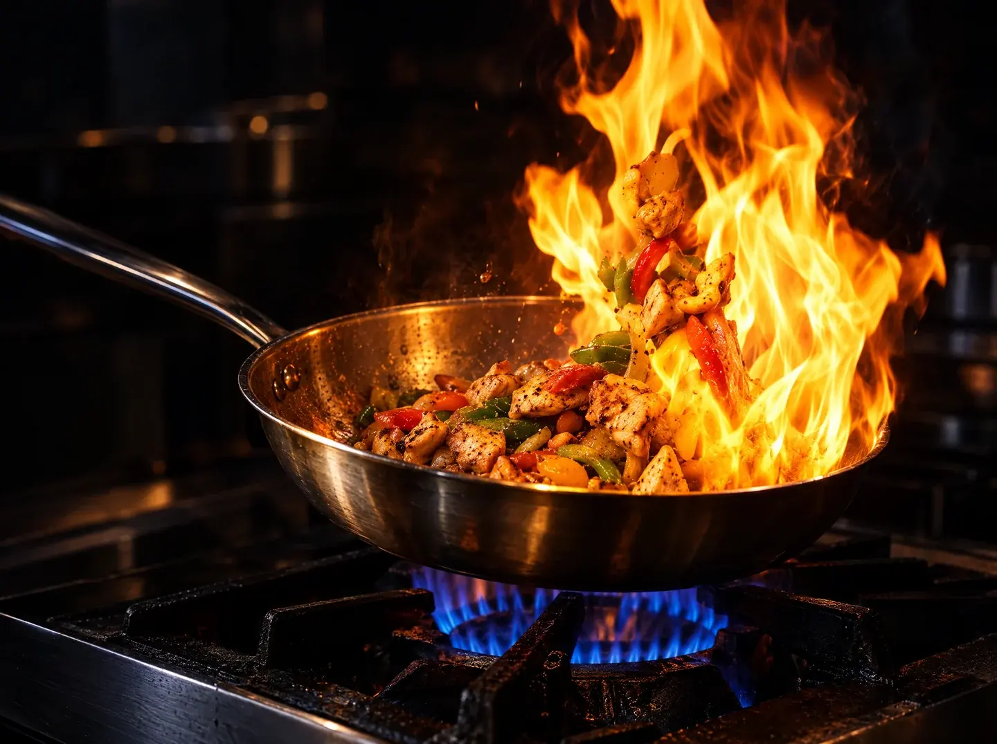 Chicken and vegetables tossed in a flaming pan over a gas burner