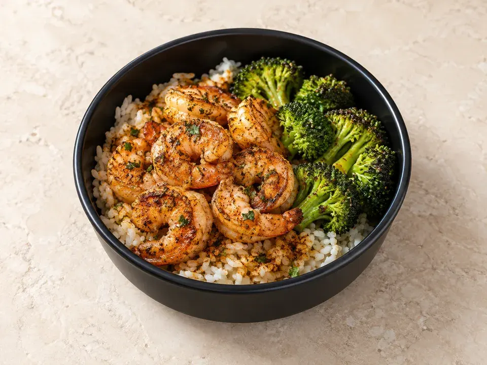 Cajun shrimp with rice and broccoli
