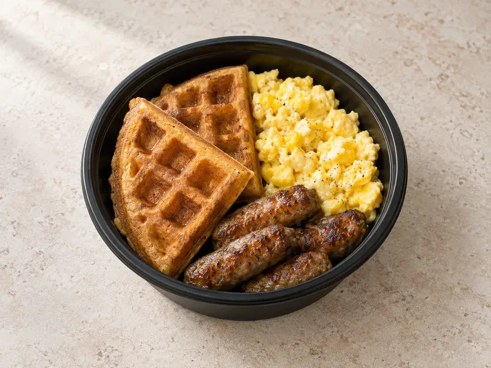 Protein waffles with eggs and sausage