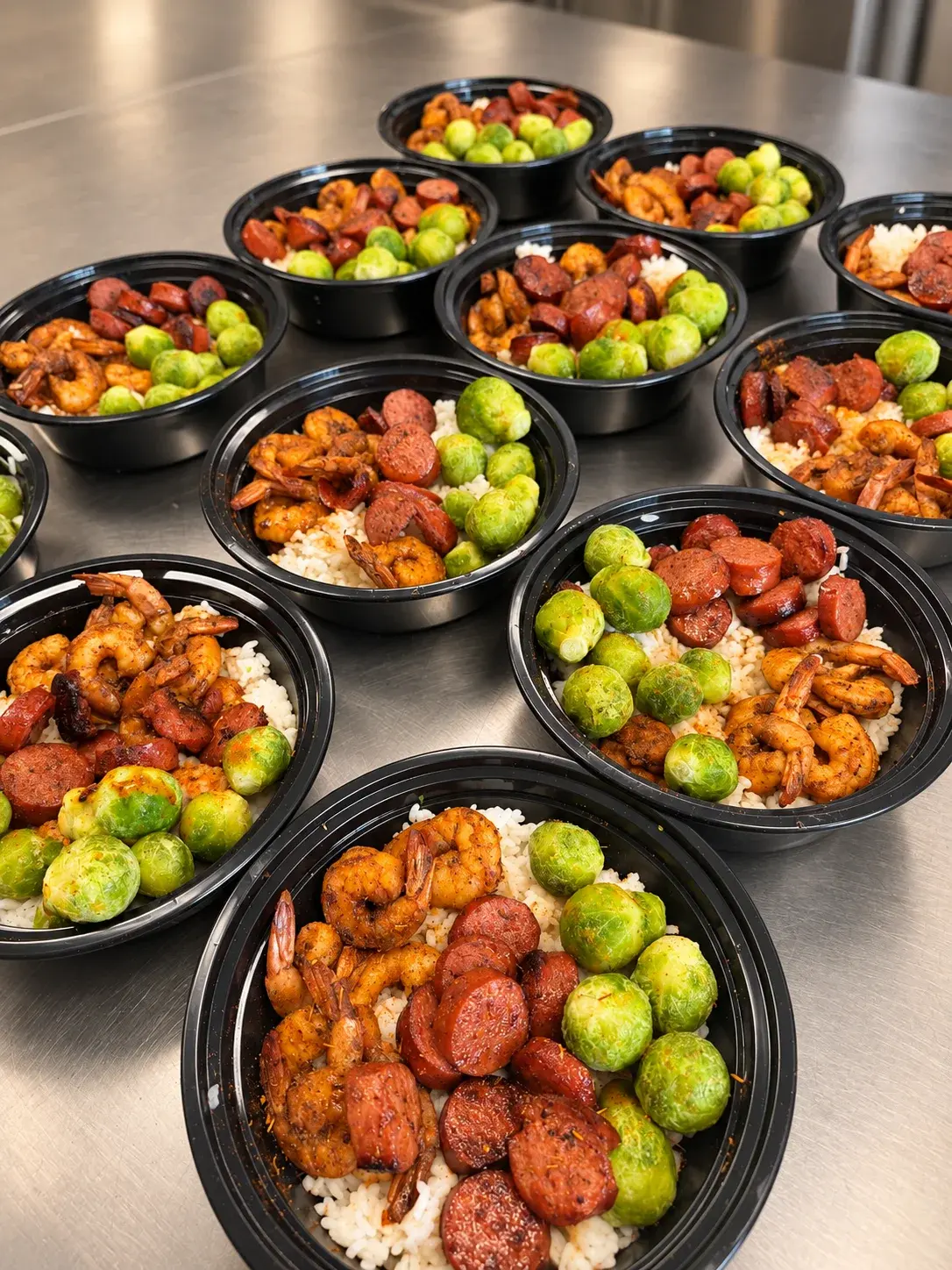 Cajun shrimp and sausage over rice with Brussels sprouts