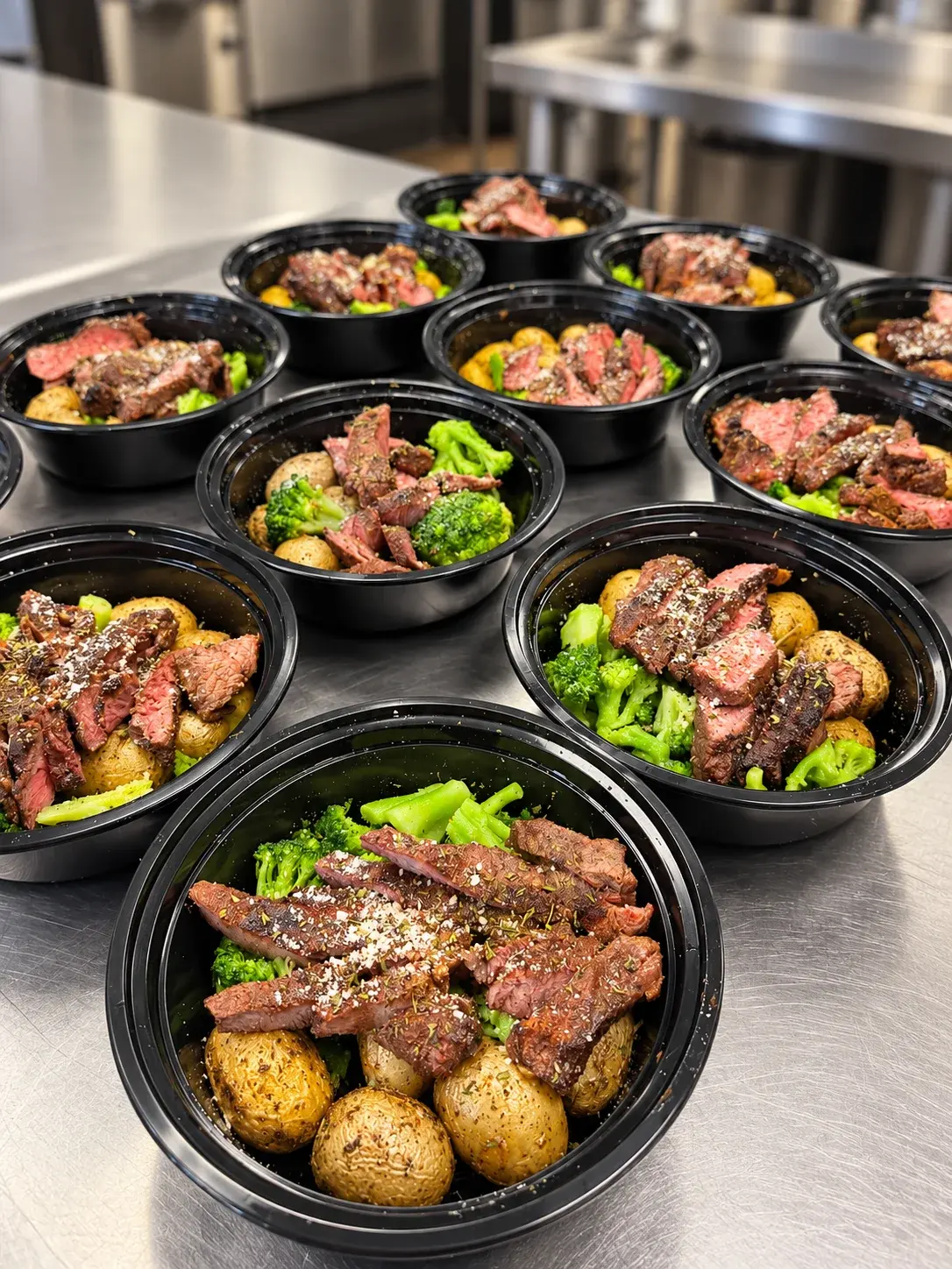 Sliced steak with potatoes and broccoli in meal prep bowls